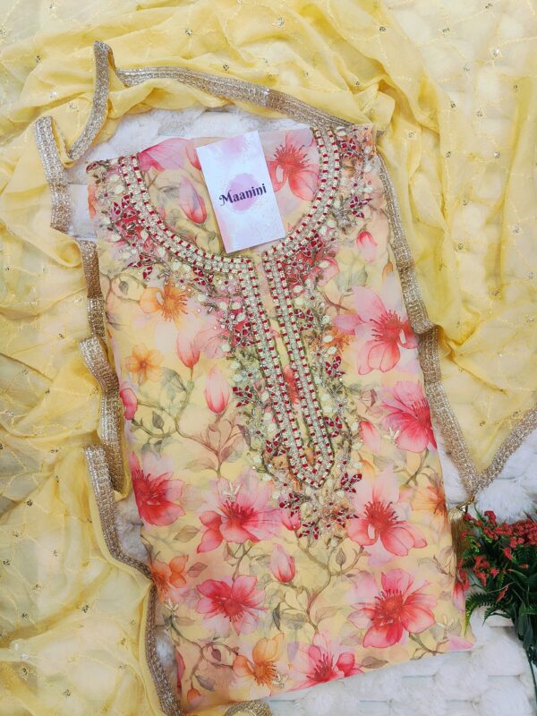 Pure Organza suit with zaari work digital flower print