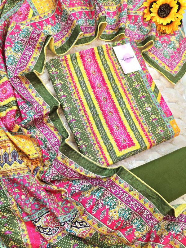 Pure Muslin Designer Digital Print Suit with Aari Mirror Hand Work ( Bandhani Print Work) - Image 3