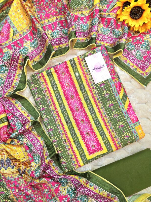 Pure Muslin Designer Digital Print Suit with Aari Mirror Hand Work ( Bandhani Print Work)