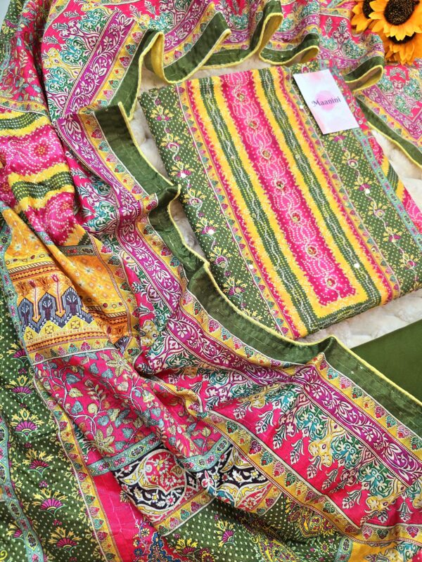Pure Muslin Designer Digital Print Suit with Aari Mirror Hand Work ( Bandhani Print Work) - Image 2