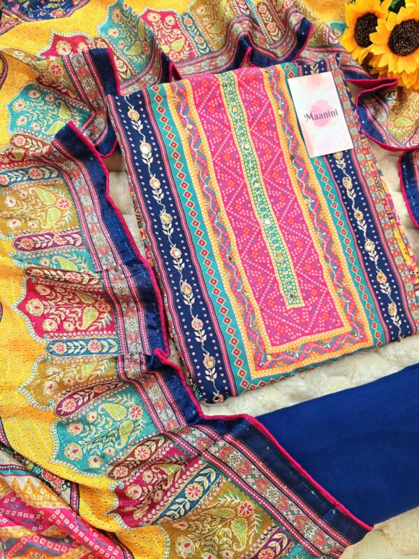 Pure Muslin Designer Digital Print Suit with Aari Mirror Hand Work ( Bandhani Print Work) - Image 7