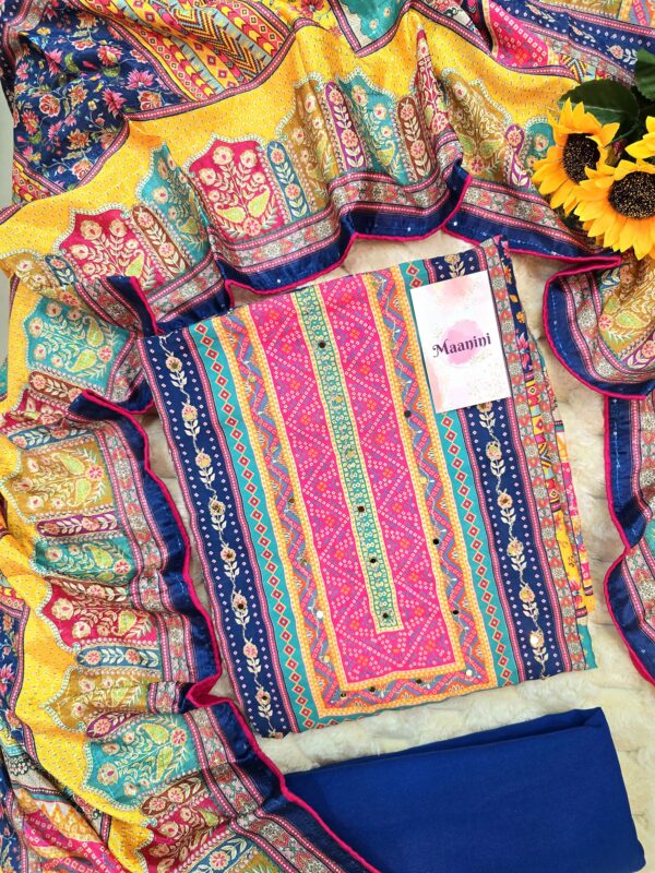 Pure Muslin Designer Digital Print Suit with Aari Mirror Hand Work ( Bandhani Print Work) - Image 5