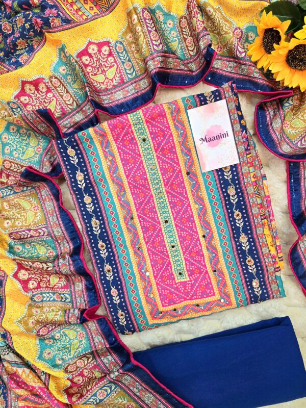Pure Muslin Designer Digital Print Suit with Aari Mirror Hand Work ( Bandhani Print Work) - Image 6