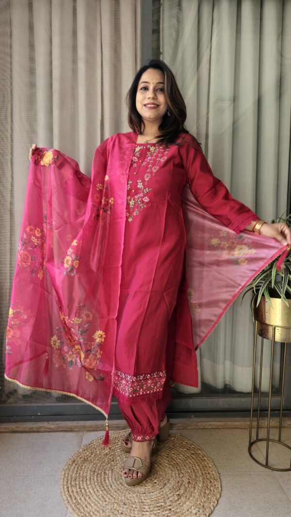 Readymade Silk Cotton suit with Afghani Pants & Digital print Dupatta - Image 2