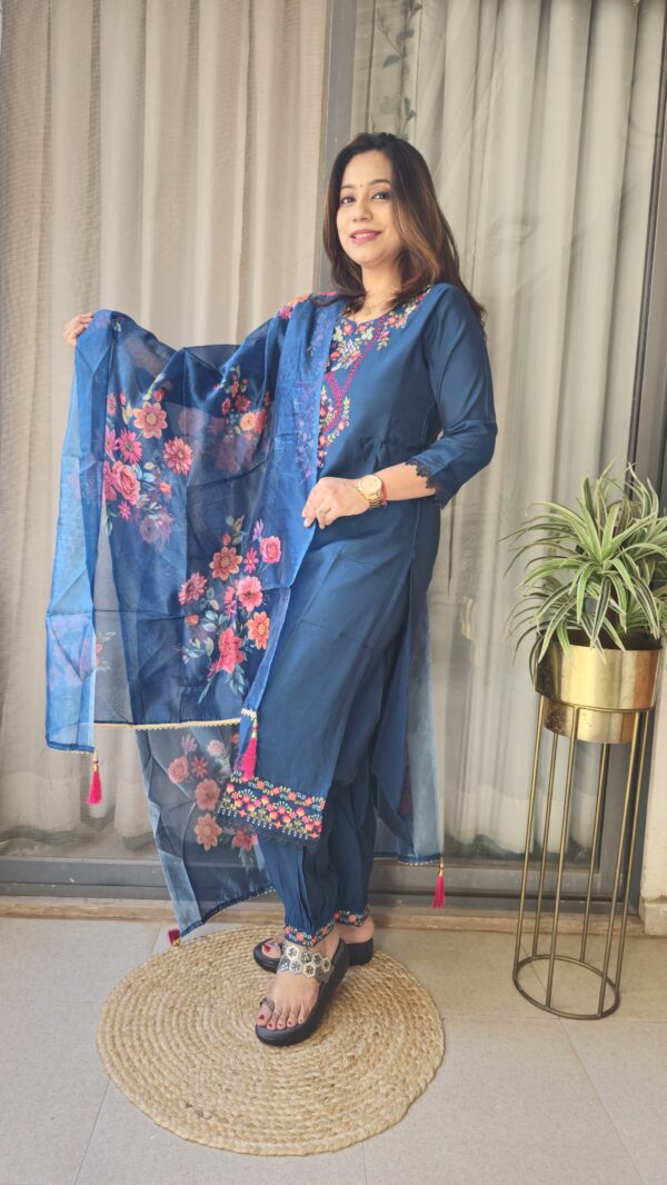 Readymade Silk Cotton suit with Afghani Pants & Digital print Dupatta - Image 3