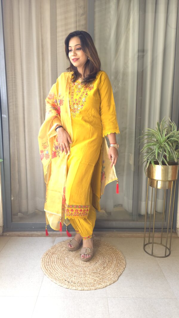 Readymade Silk Cotton suit with Afghani Pants & Digital print Dupatta - Image 2