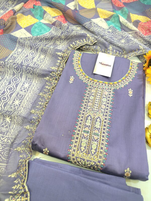 Pure Jam Cotton Suit with Embroidery Work & Multi Color Embroidery Dupatta - Image 2