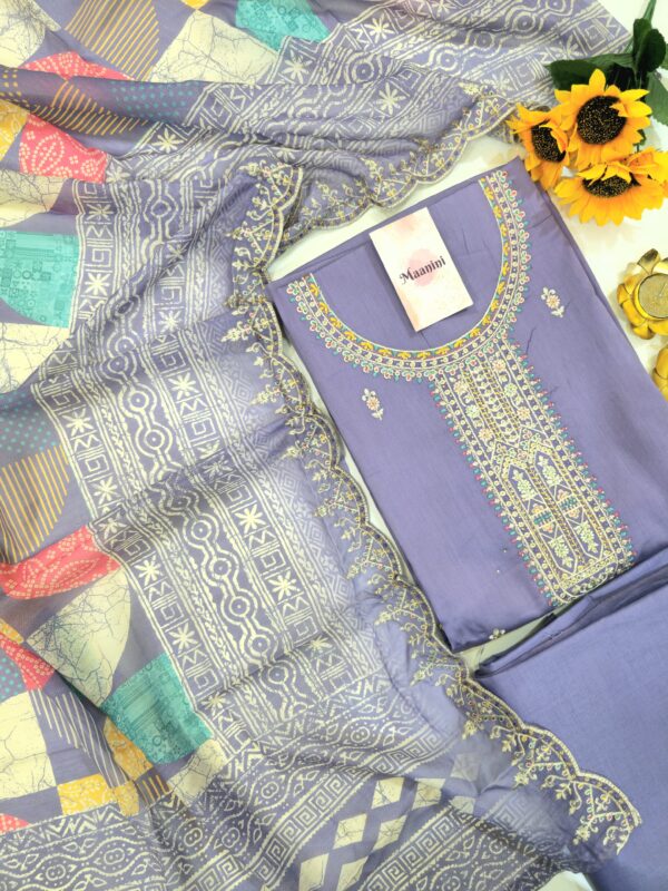 Pure Jam Cotton Suit with Embroidery Work & Multi Color Embroidery Dupatta